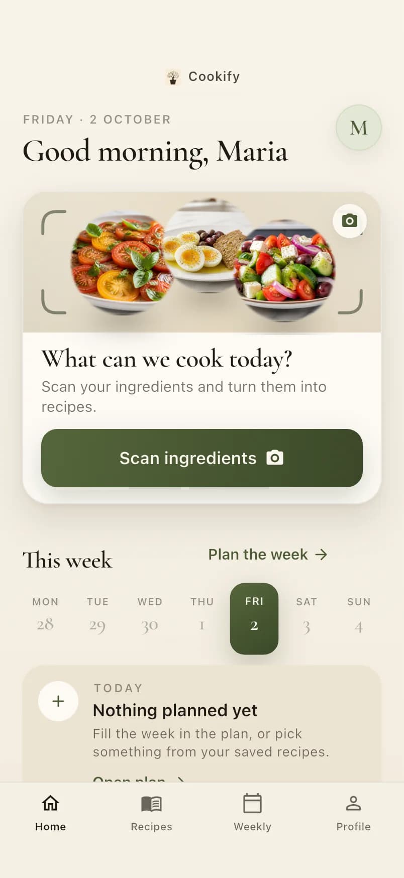 Cookify's home screen: “What can we cook today?”, a Scan ingredients button and this week's plan.