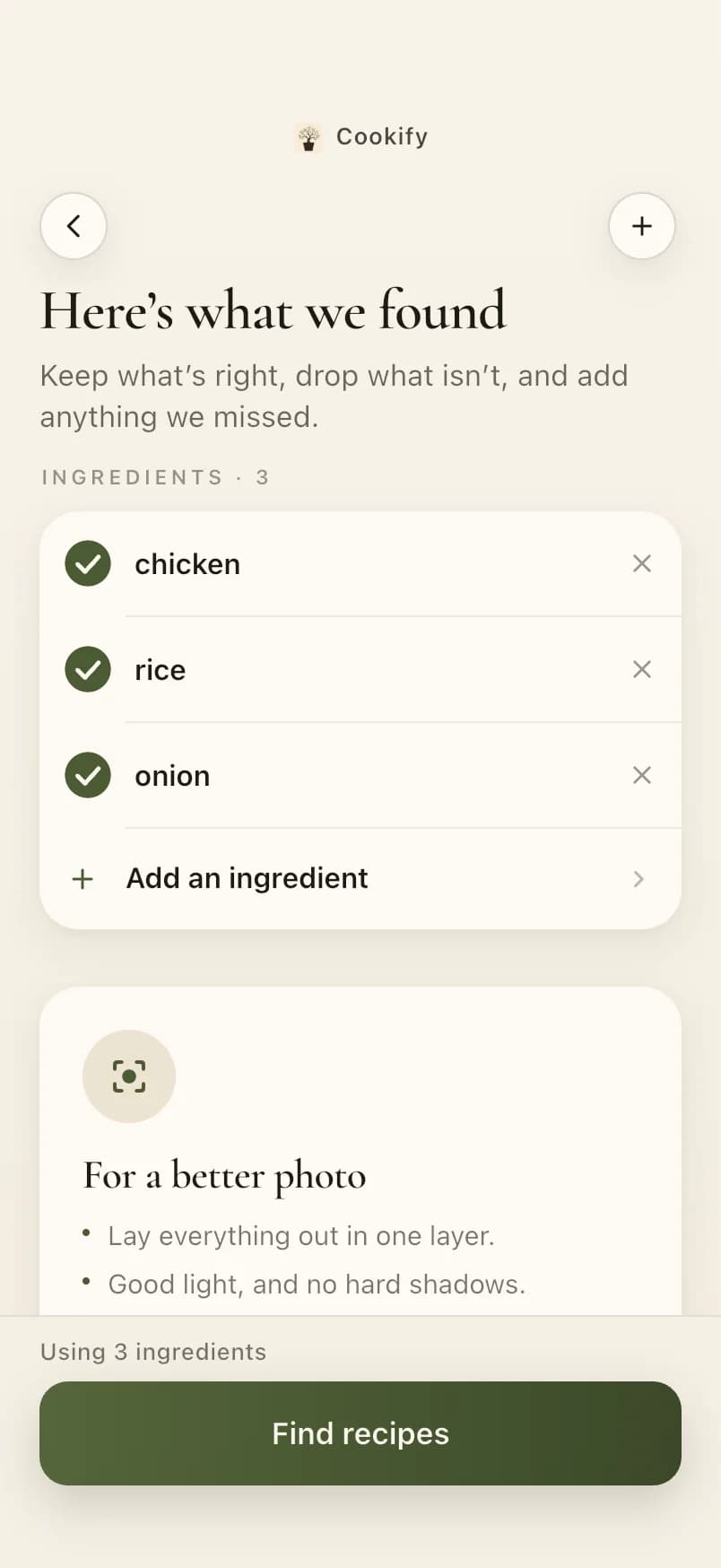 The scan review: chicken, rice and onion found, with Find recipes below.