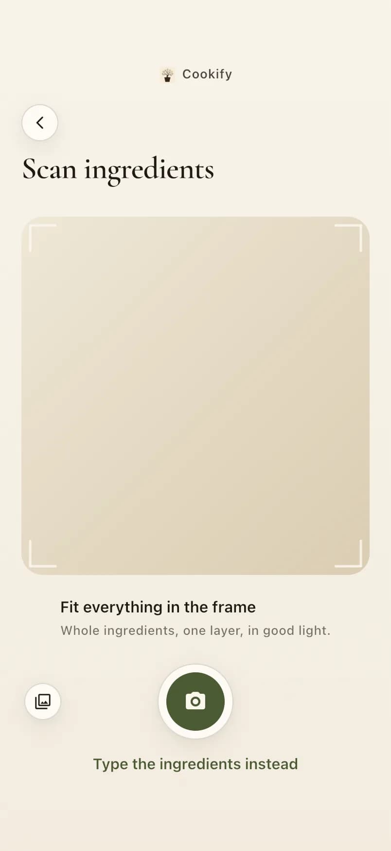The Scan ingredients screen: a frame to fit everything in, the shutter, the gallery button and Type the ingredients instead.