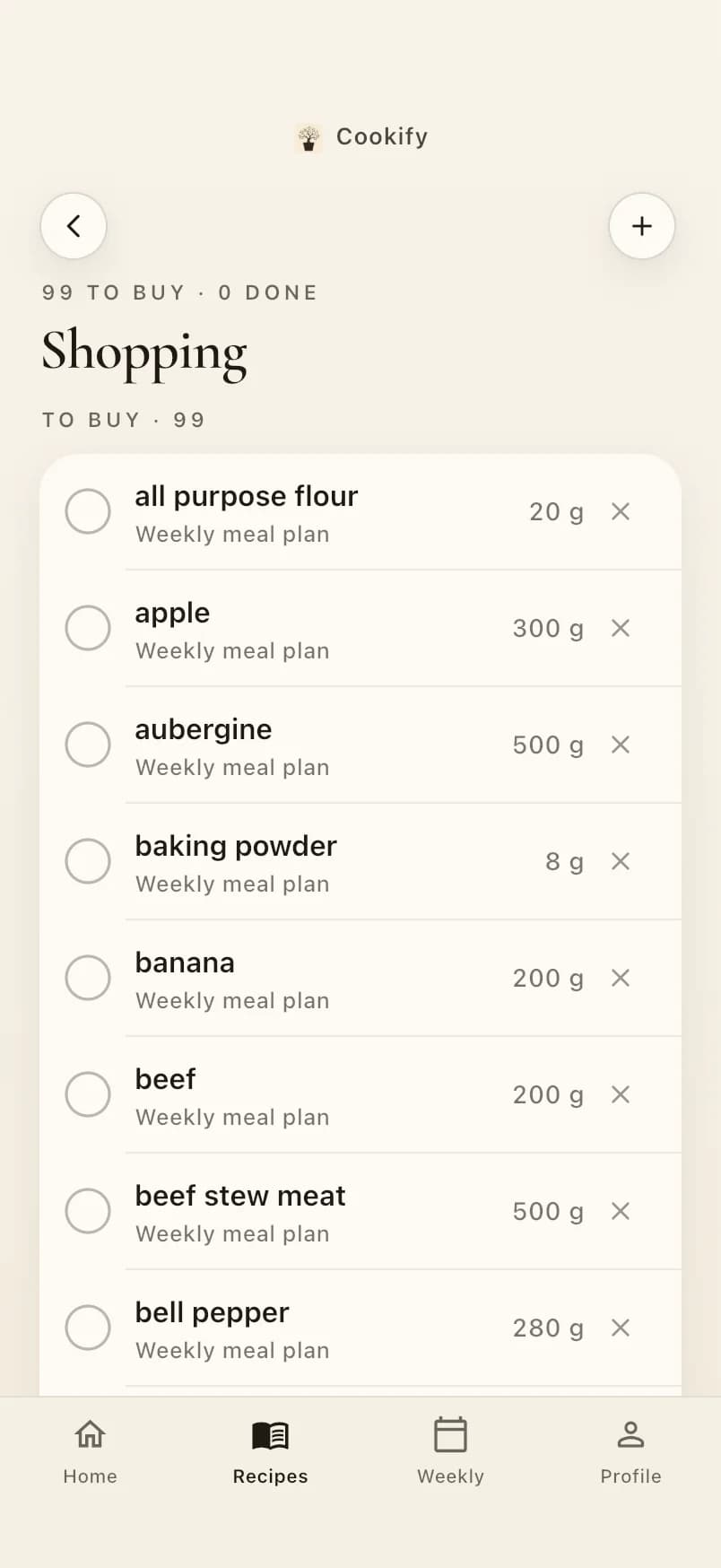 The shopping list with amounts.