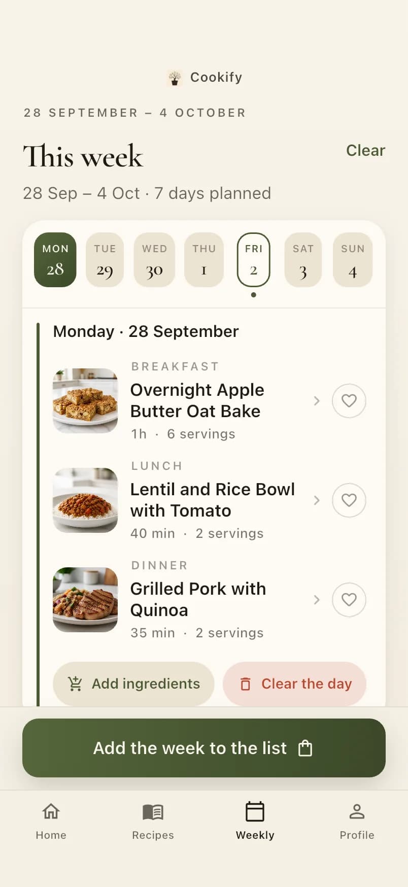 A planned week with breakfast, lunch and dinner.